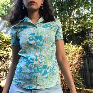 vintage 70s short sleeve button up print blouse